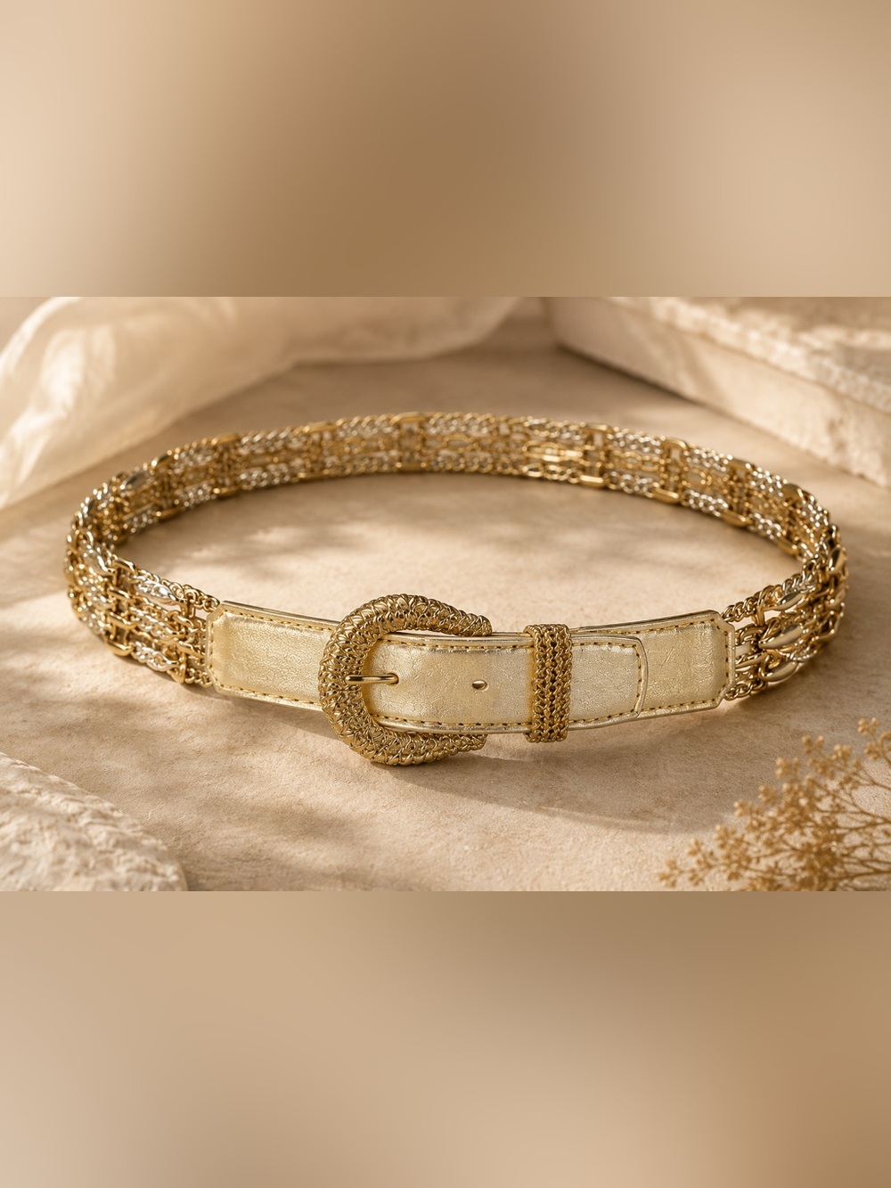 Vintage Gold Metallic Braided Chain Statement Waist Belt XS/S